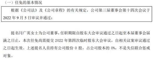 聚彩科技提名闫广英为公司董事 2022年上半年公司净利885.41万
